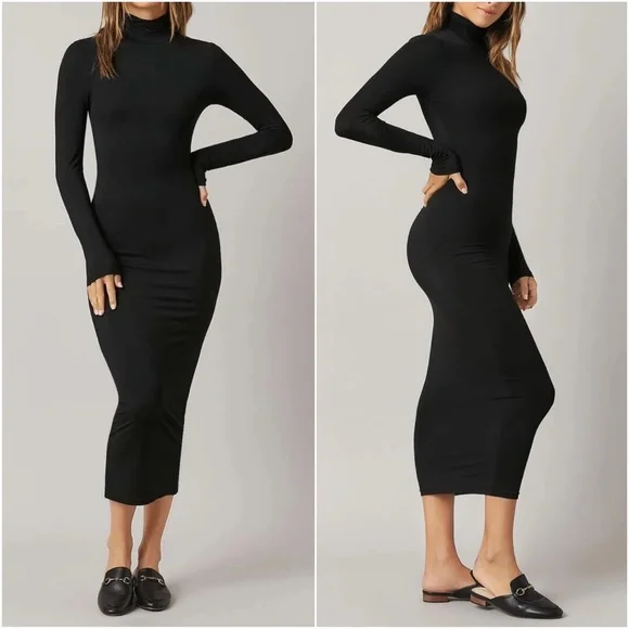 Army Green mock neck fitted midi dress Party - Picture 3 of 8